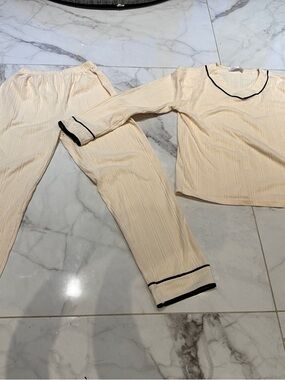 Cream Women's Long-Sleeve Pajama Set with Black Trim